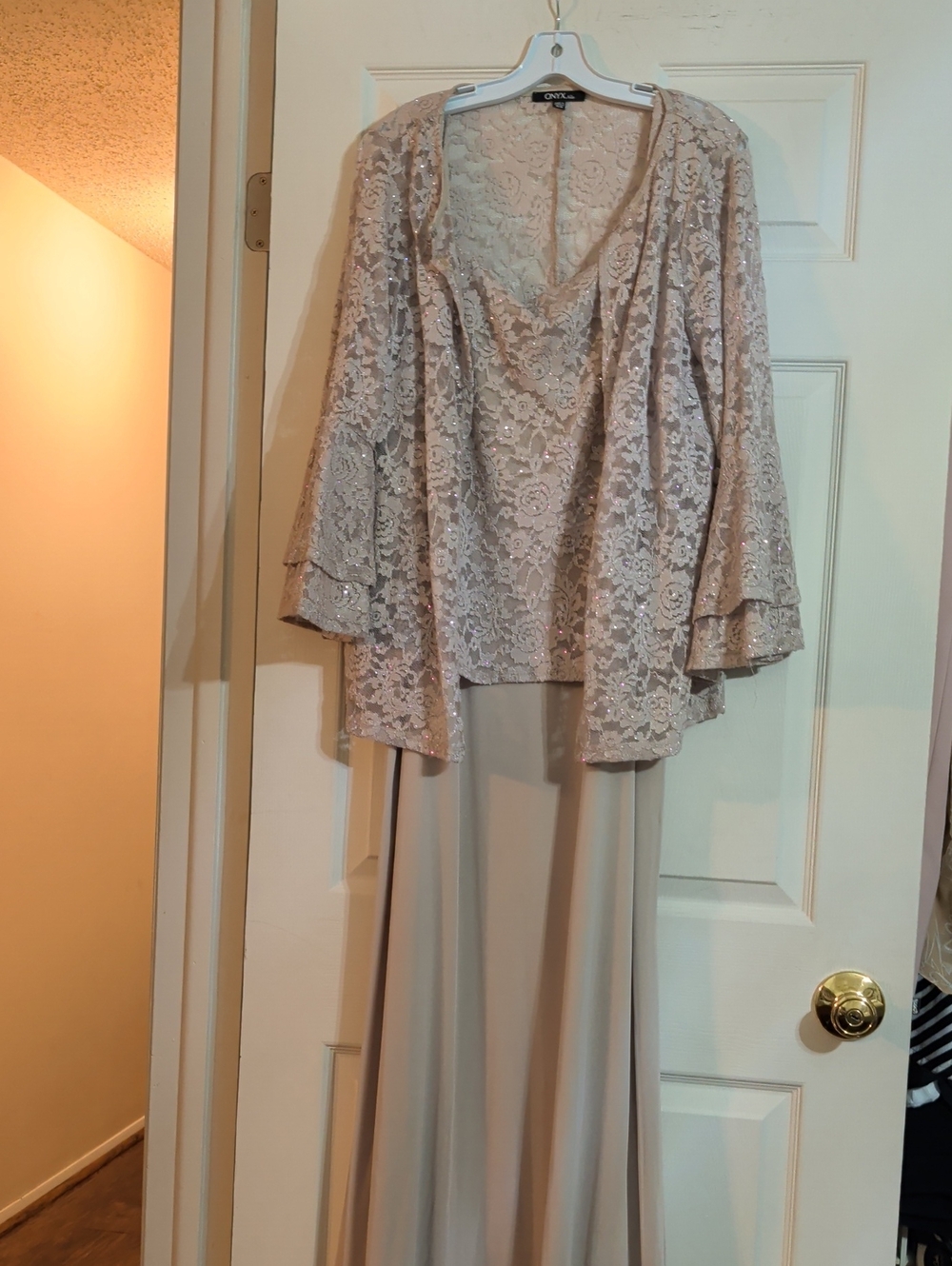 Chaps Lace Overlay Long Dress With Lace Long Sleeve Jacket - Light Beige 16W